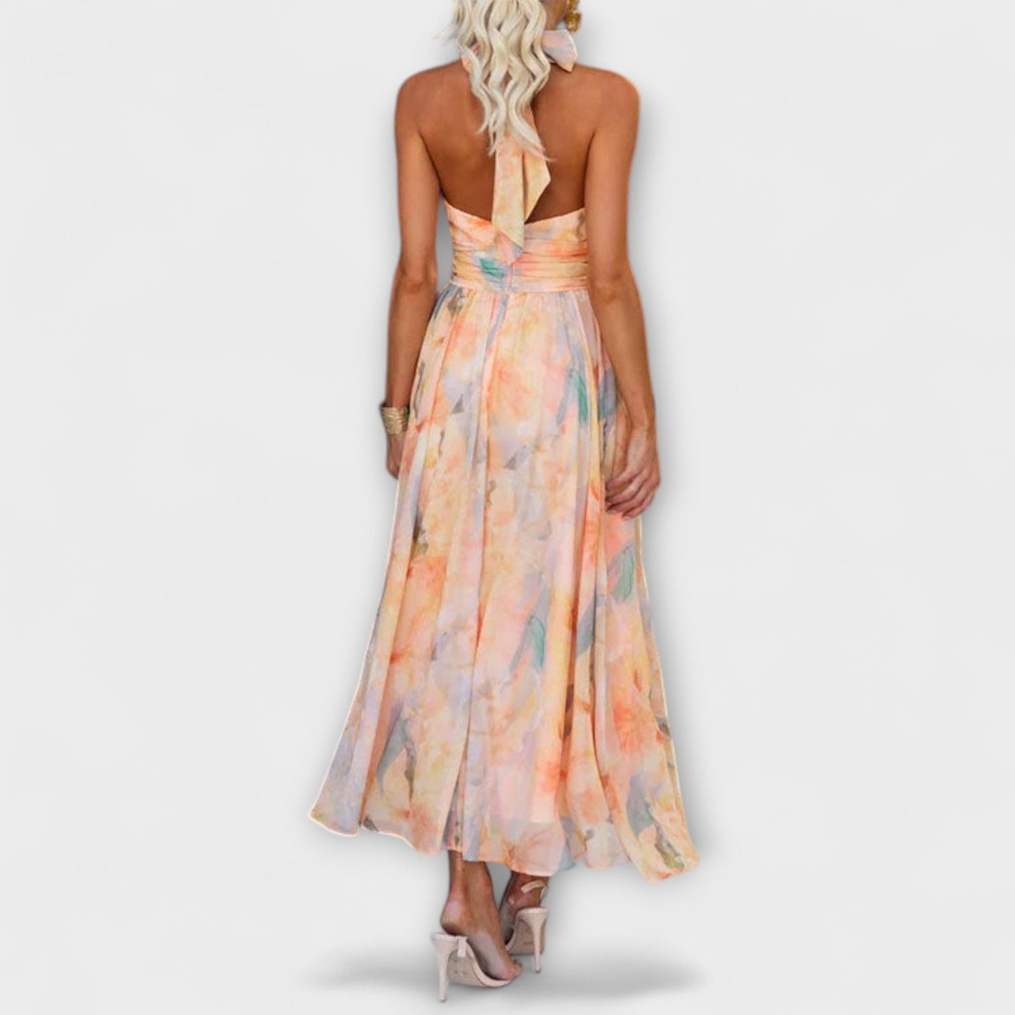 Halter-Neck Watercolour Print Maxi Elbise