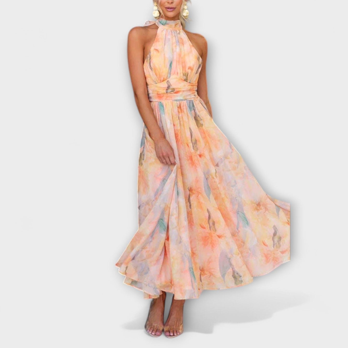Halter-Neck Watercolour Print Maxi Elbise