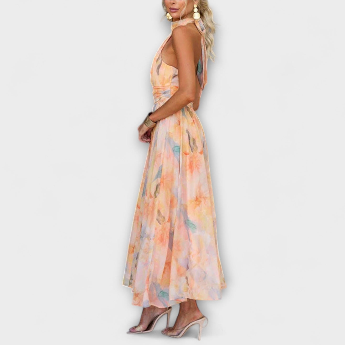 Halter-Neck Watercolour Print Maxi Elbise