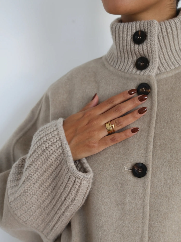 Vintage Yüksek Yaka Kaşmir Karışımlı Kaban