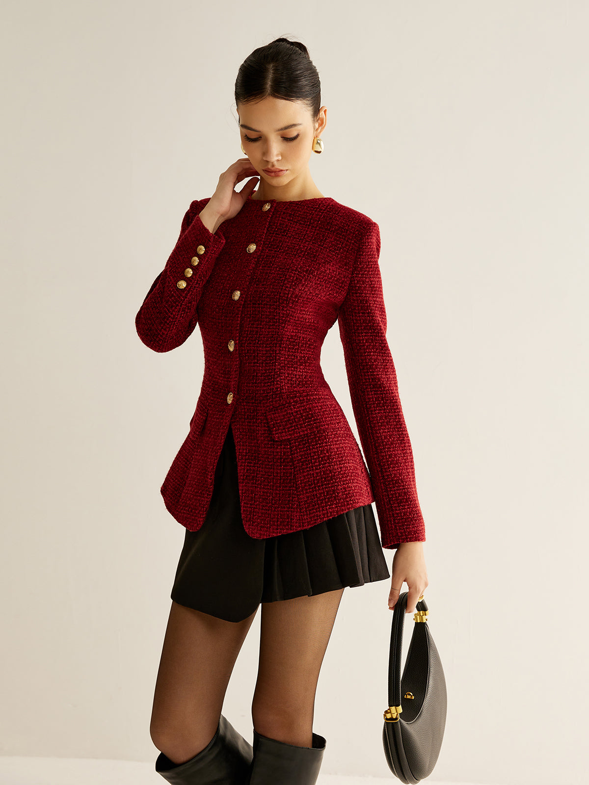Düğmeli Yırtmaçlı Tweed Blazer Ceket