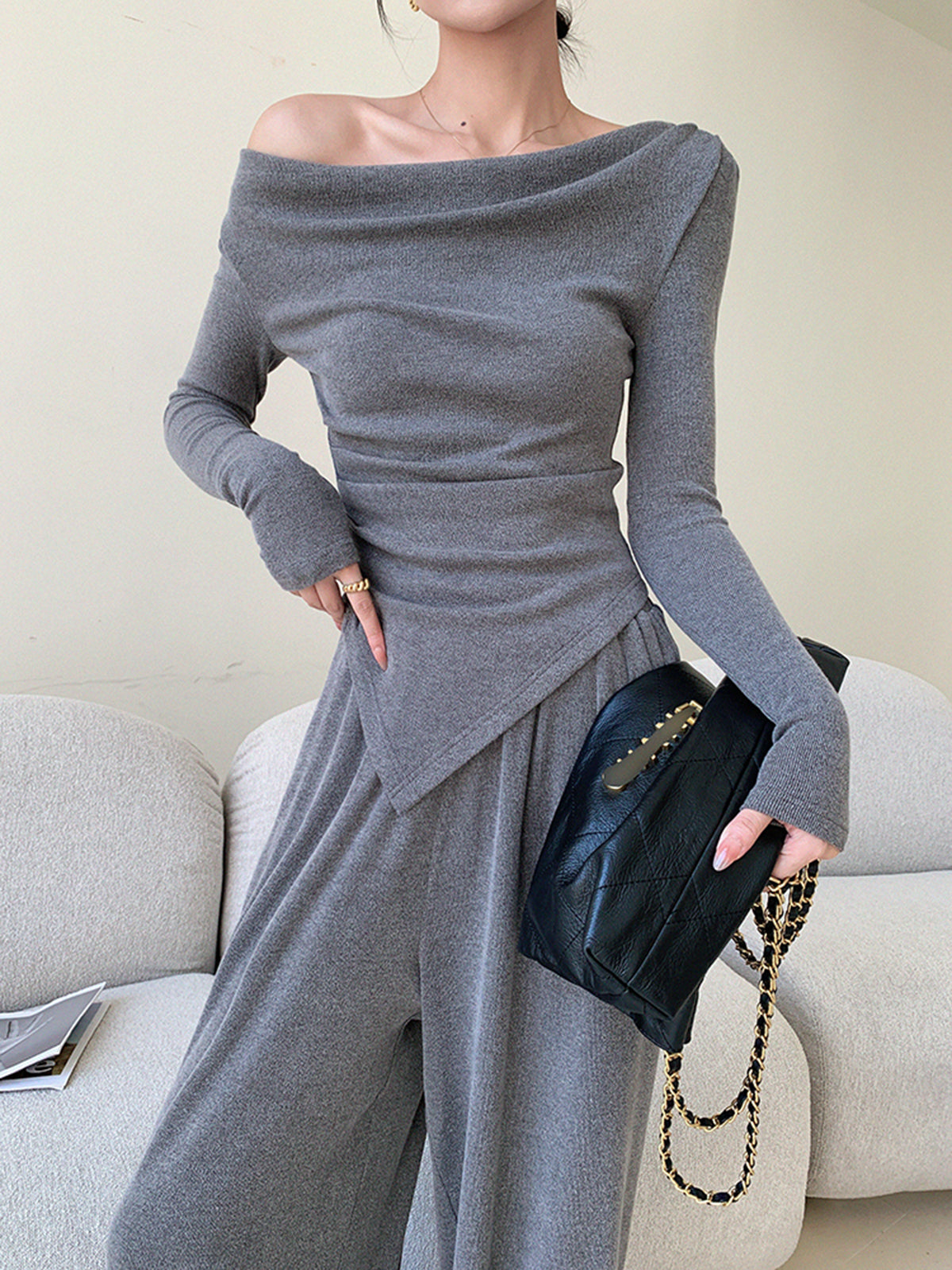 Asimetrik Drapeli Basic Pantolon Takım