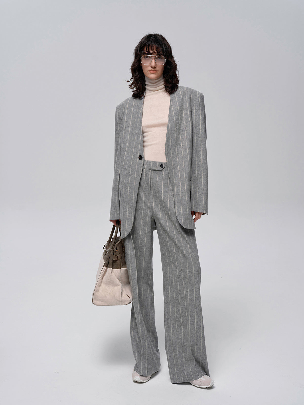 Yün Karışımlı Çizgili Tweed Pantolon