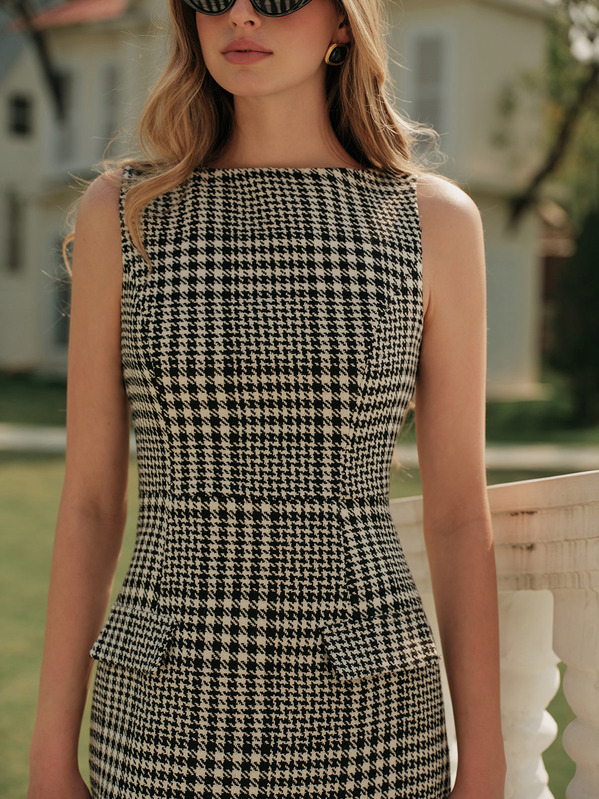 Kazayağı Desenli Tweed Fermuarlı Elbise