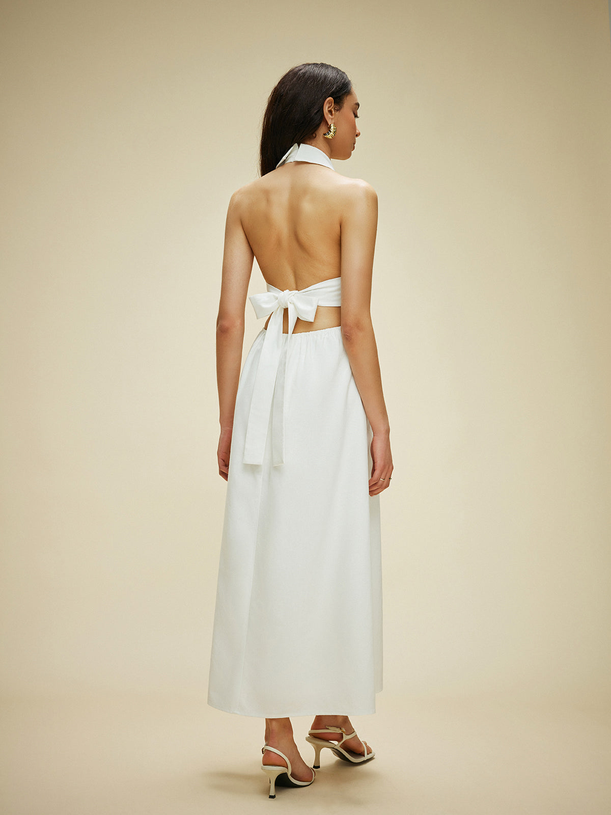 Pamuk ve Keten Cepli Halter Yaka Bağlamalı Elbise