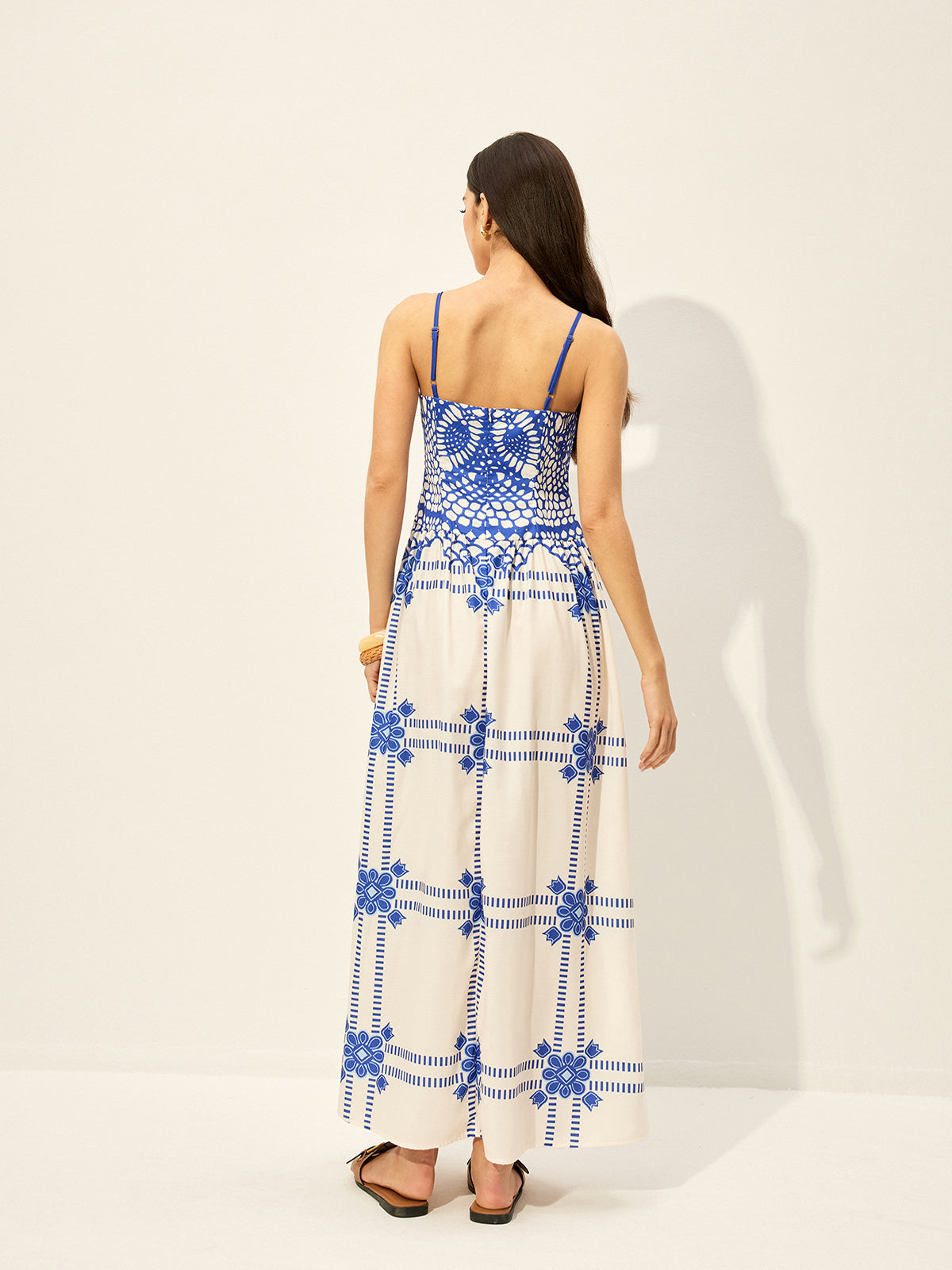 Baskılı Ayarlanabilir İnce Askılı Fermuarlı Elbise