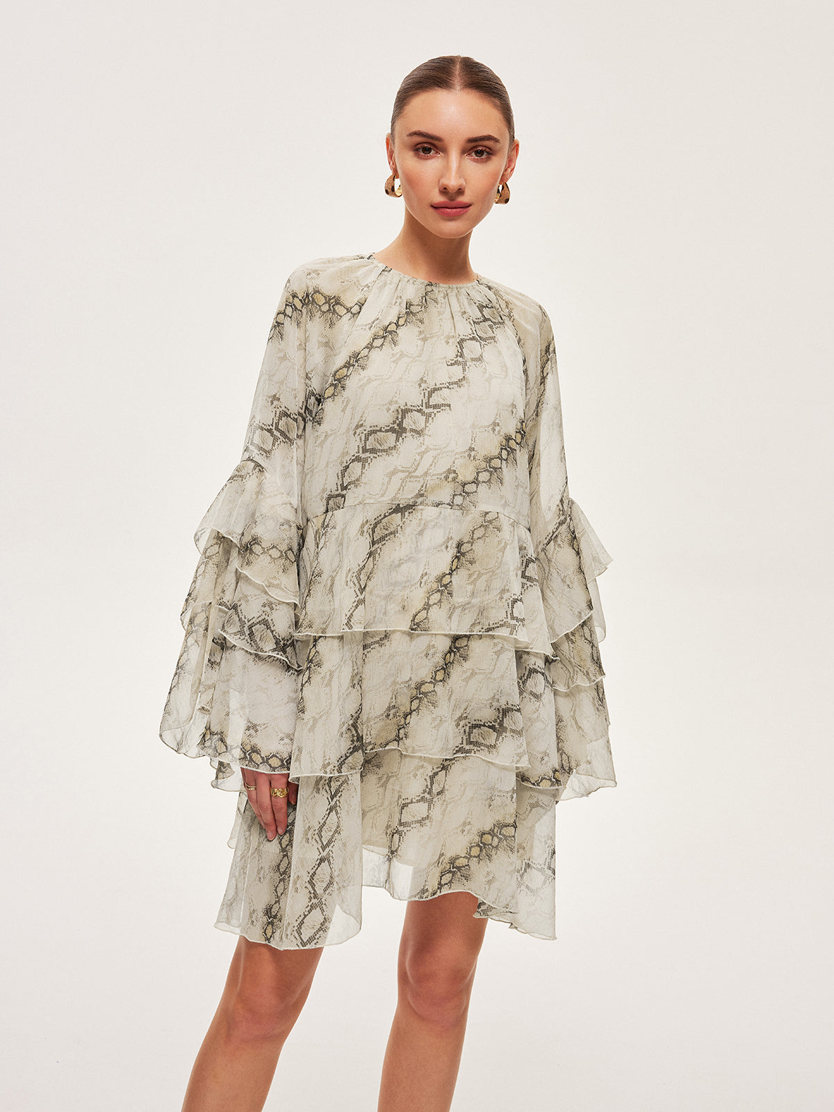 Şeffaf Baskılı Fırfır Detaylı Kemerli Elbise