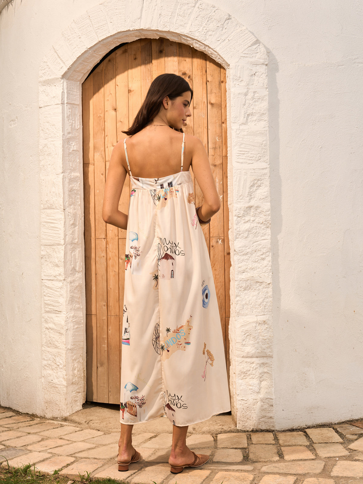 Grafik Baskılı Bağcıklı Askılı Elbise