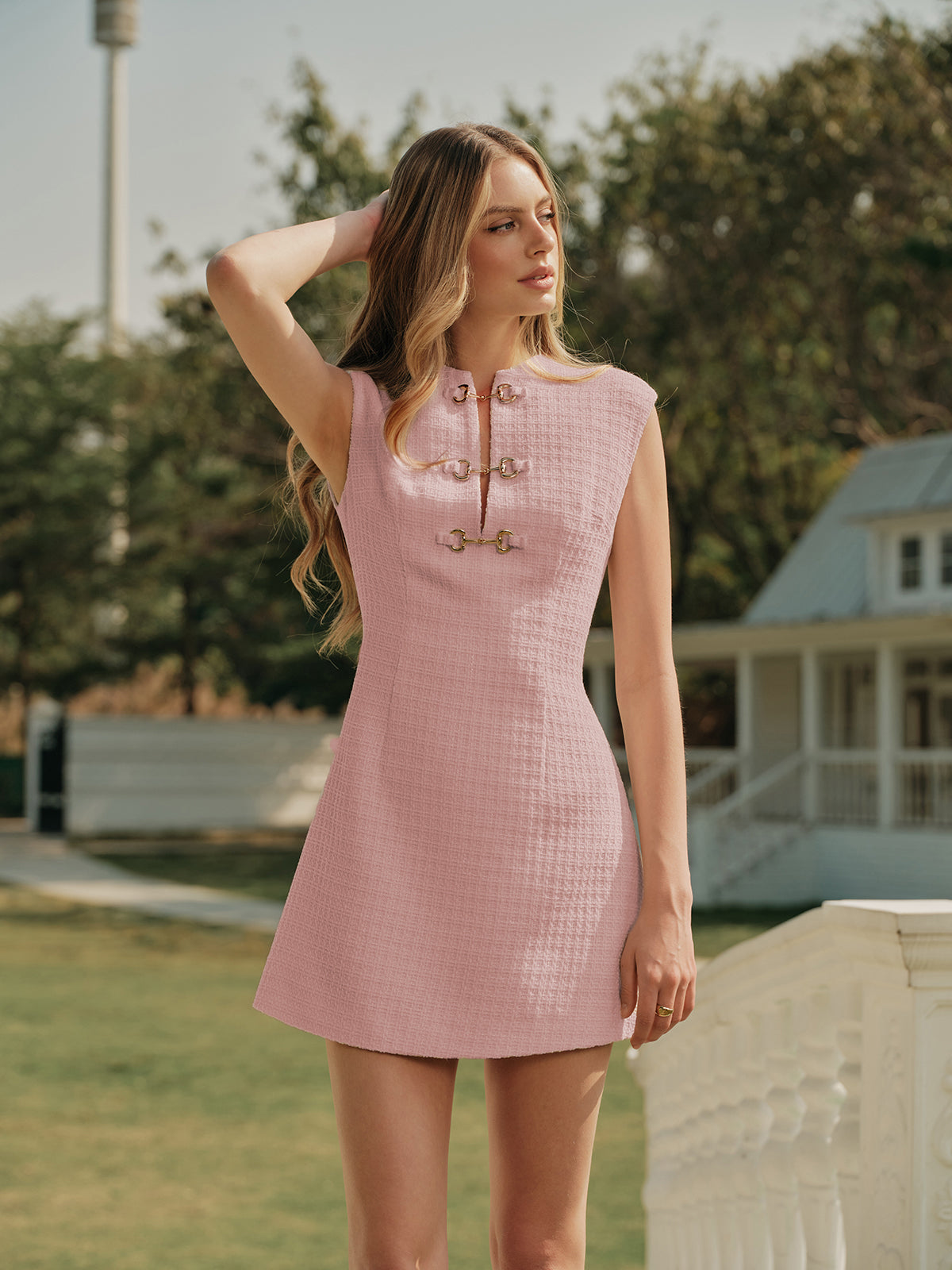 Metal Düğmeli Kolsuz Tweed Elbise