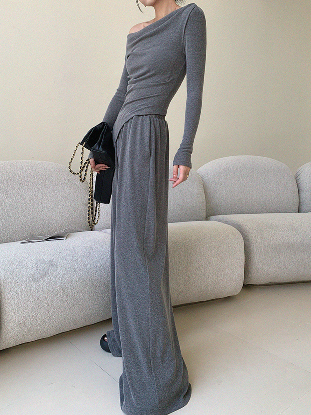Asimetrik Drapeli Basic Pantolon Takım