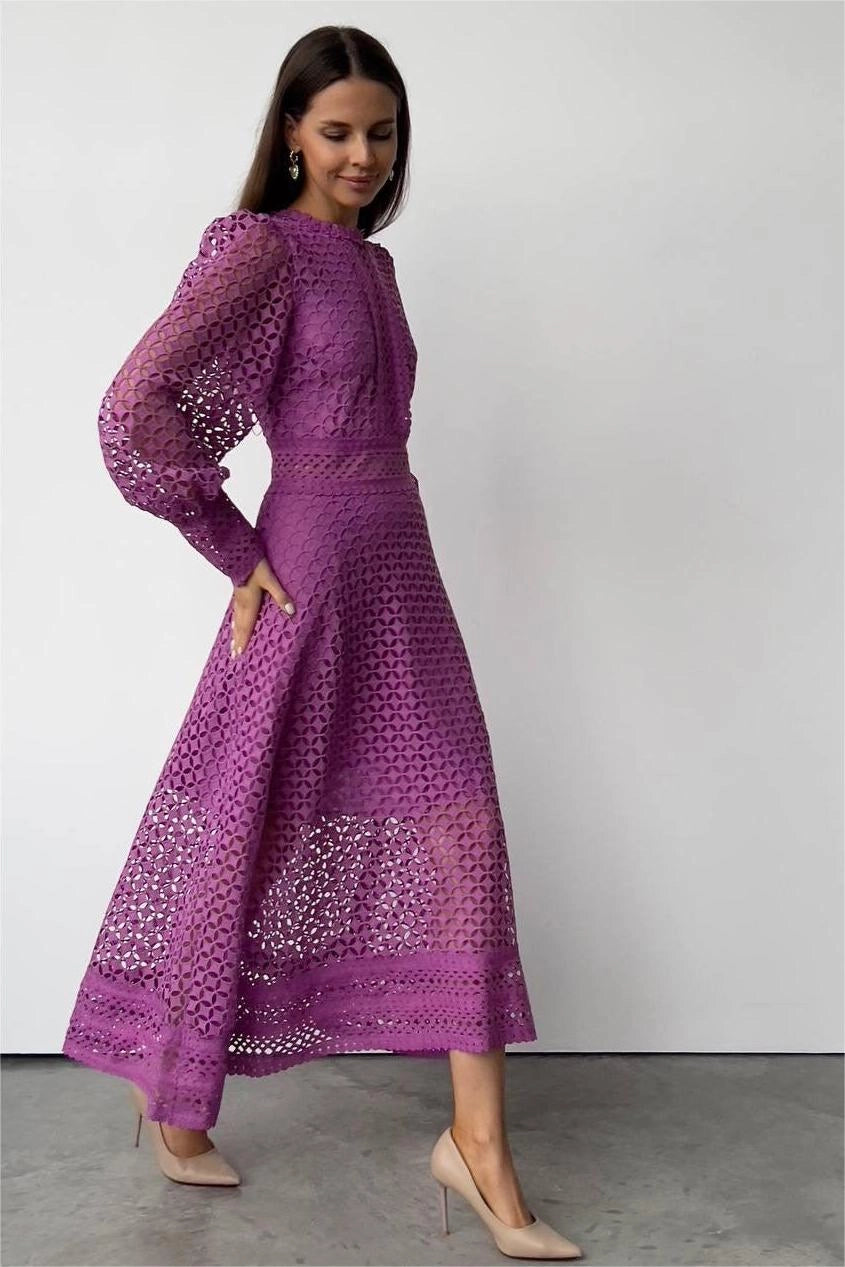 Solid Lace Lantern Midi Elbise