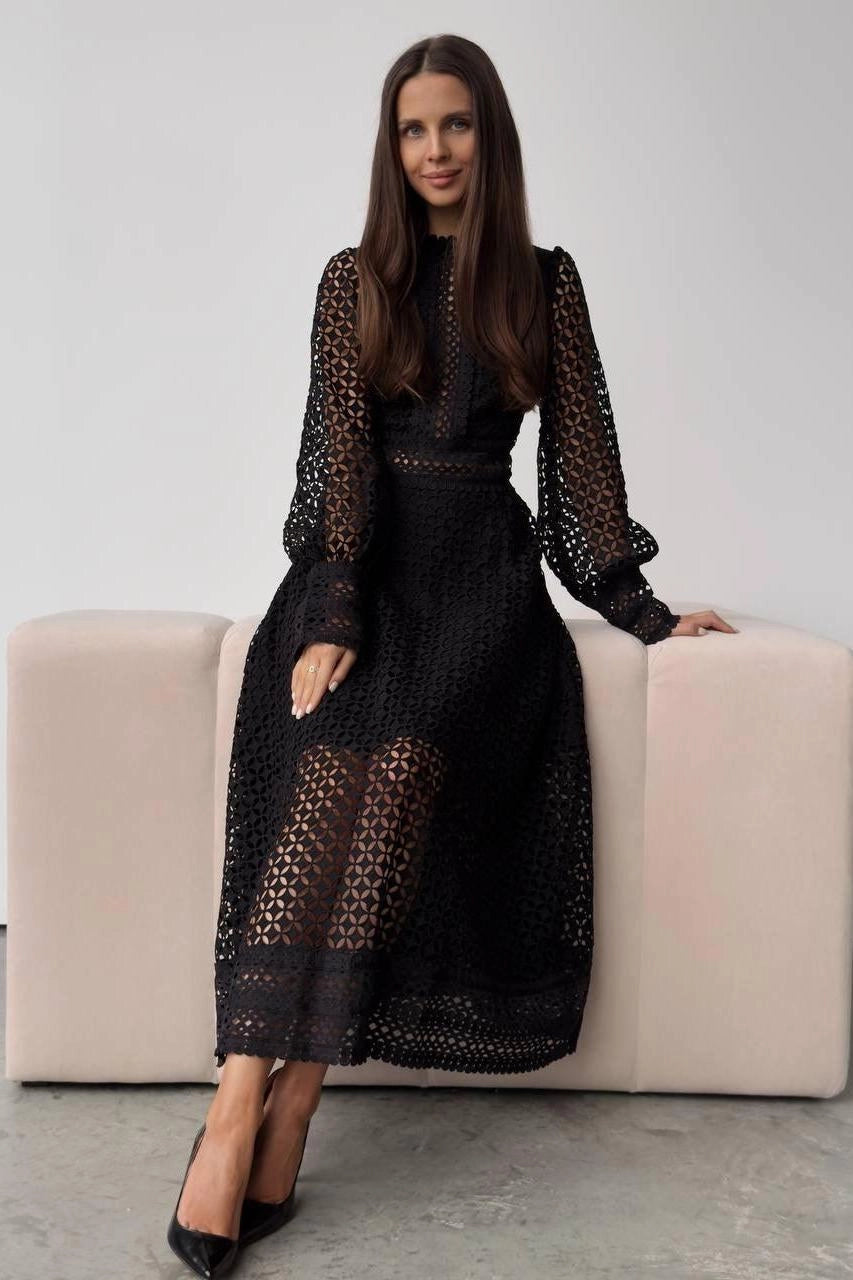 Solid Lace Lantern Midi Elbise