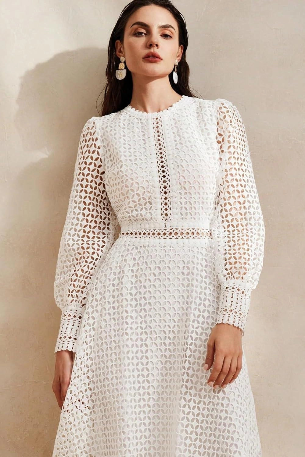 Solid Lace Lantern Midi Elbise