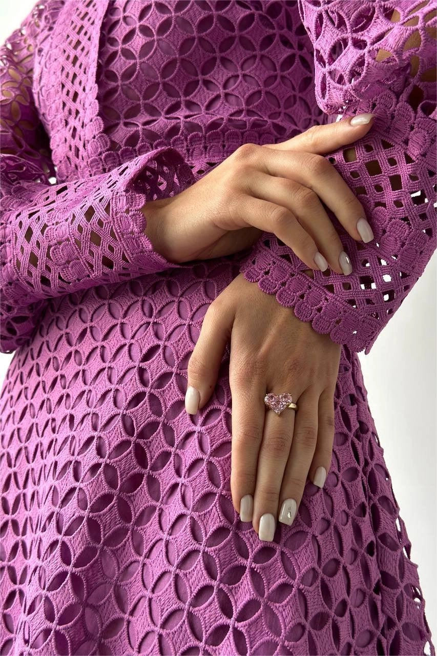 Solid Lace Lantern Midi Elbise