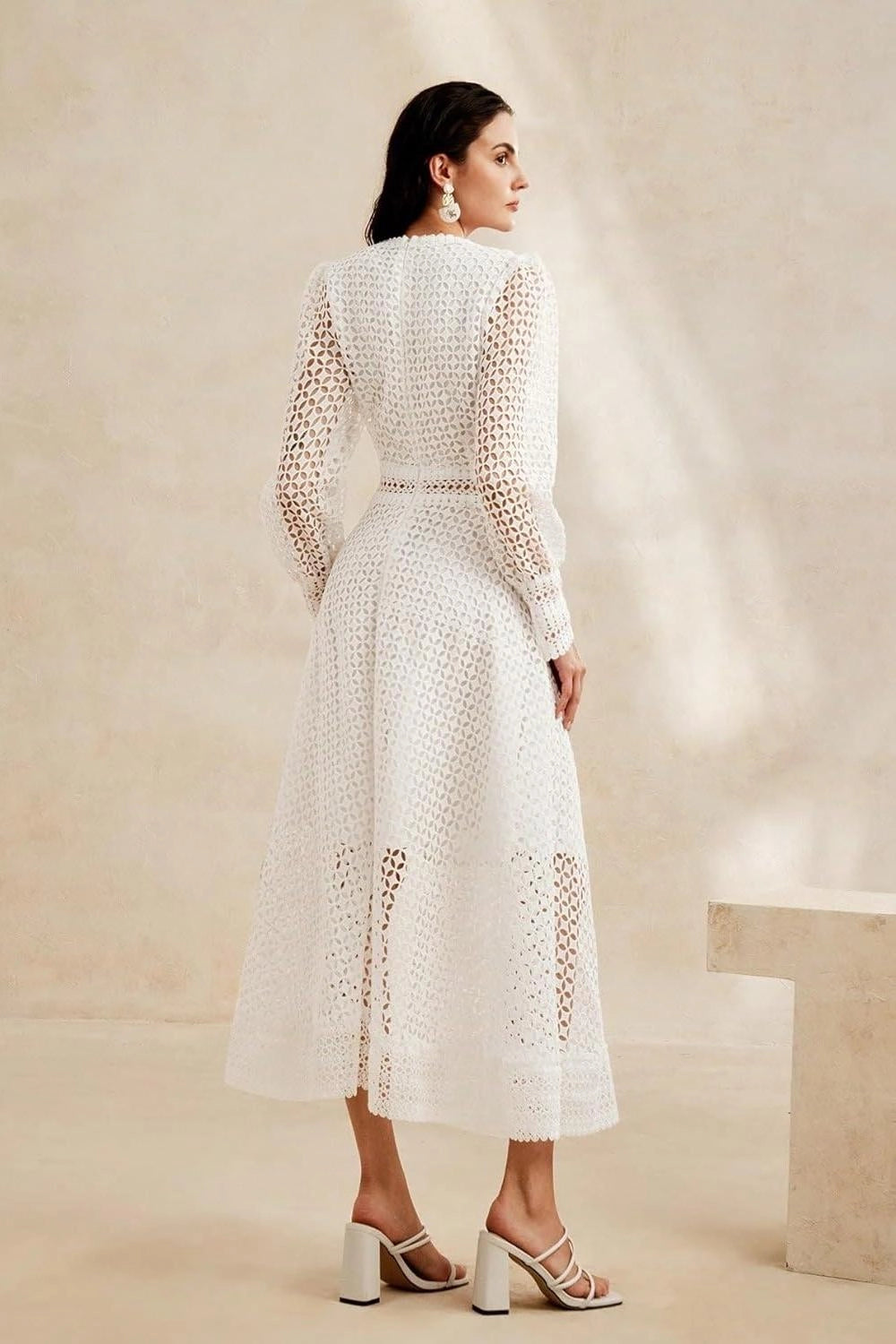 Solid Lace Lantern Midi Elbise