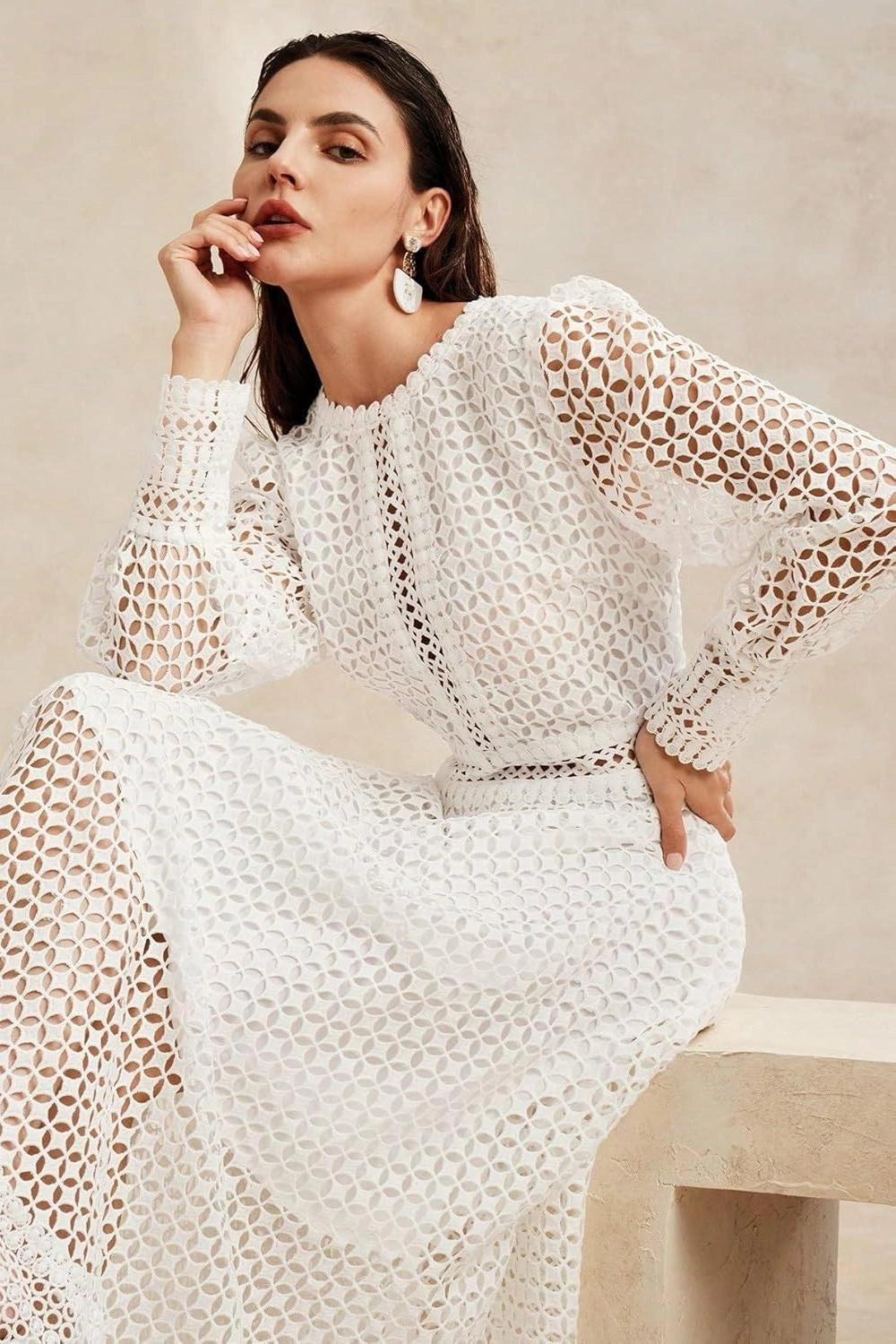 Solid Lace Lantern Midi Elbise