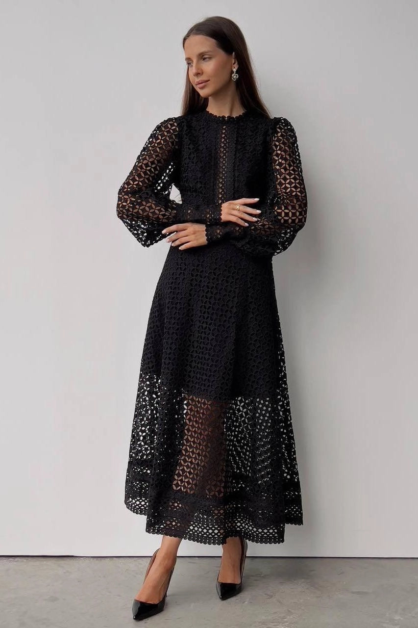 Solid Lace Lantern Midi Elbise