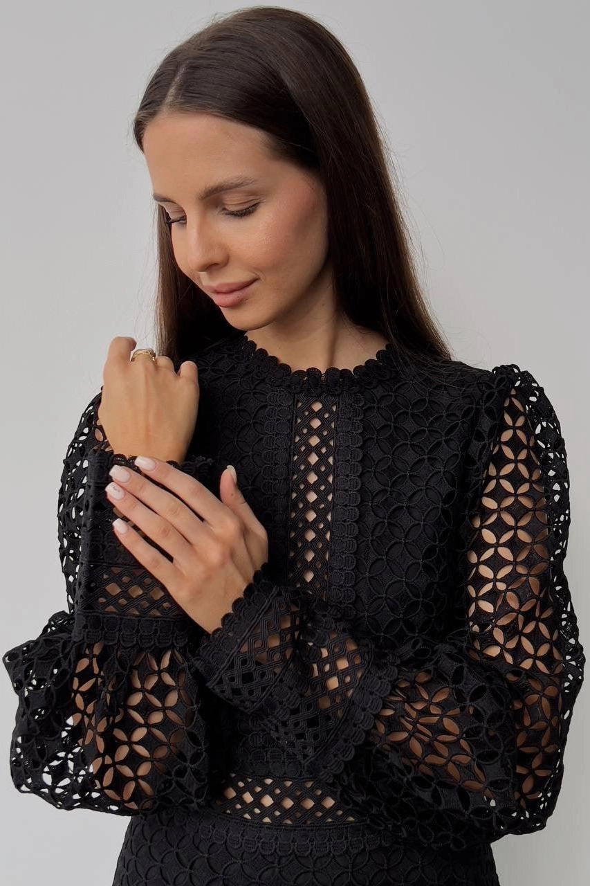 Solid Lace Lantern Midi Elbise