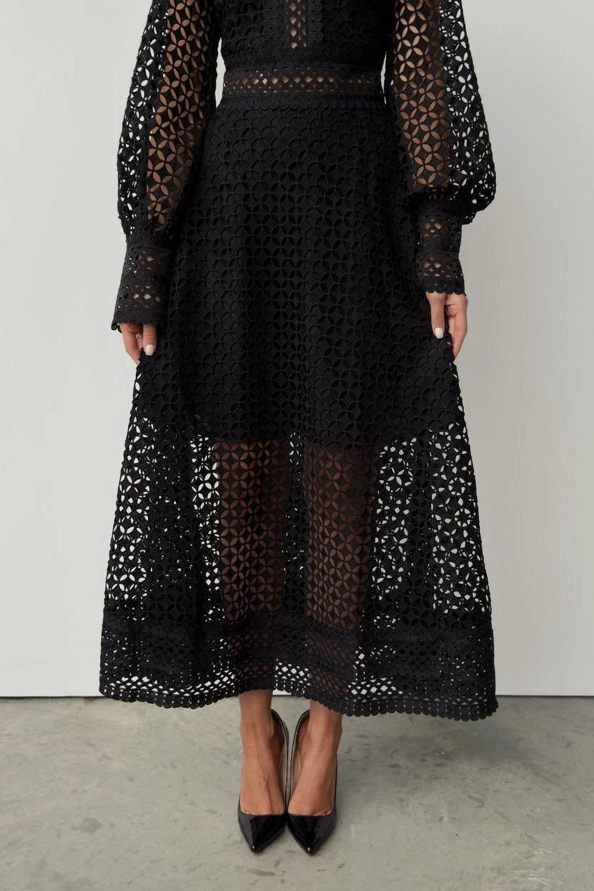 Solid Lace Lantern Midi Elbise