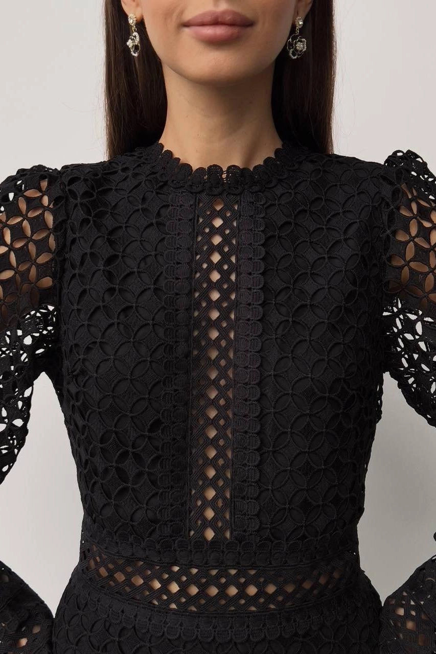 Solid Lace Lantern Midi Elbise
