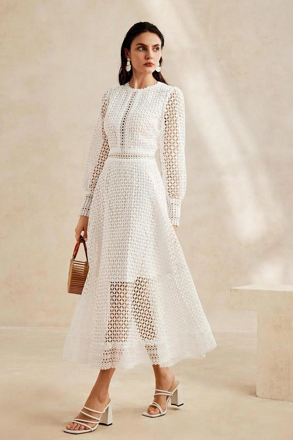 Solid Lace Lantern Midi Elbise