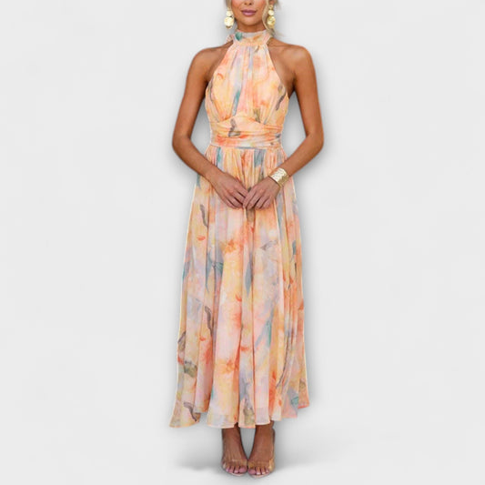 Halter-Neck Watercolour Print Maxi Elbise