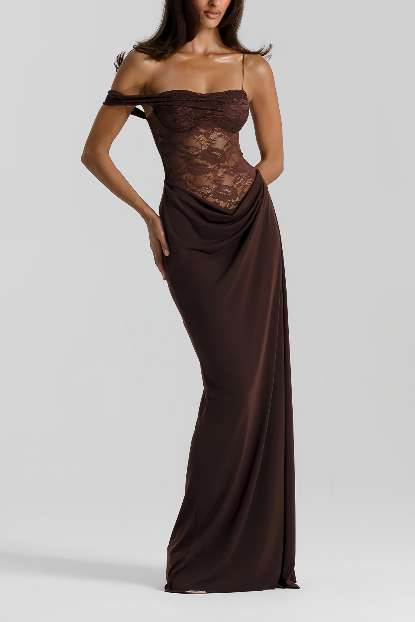 Sunniva Kahve Dantel Panel Asimetrik Maxi Elbise