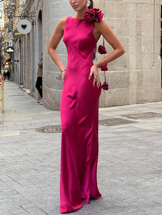 Formentera Flower Saten Kurdeleli Maxi Elbise