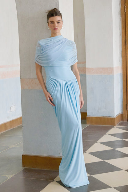 Catherine Mavi Asimetrik Pileli Maxi Elbise