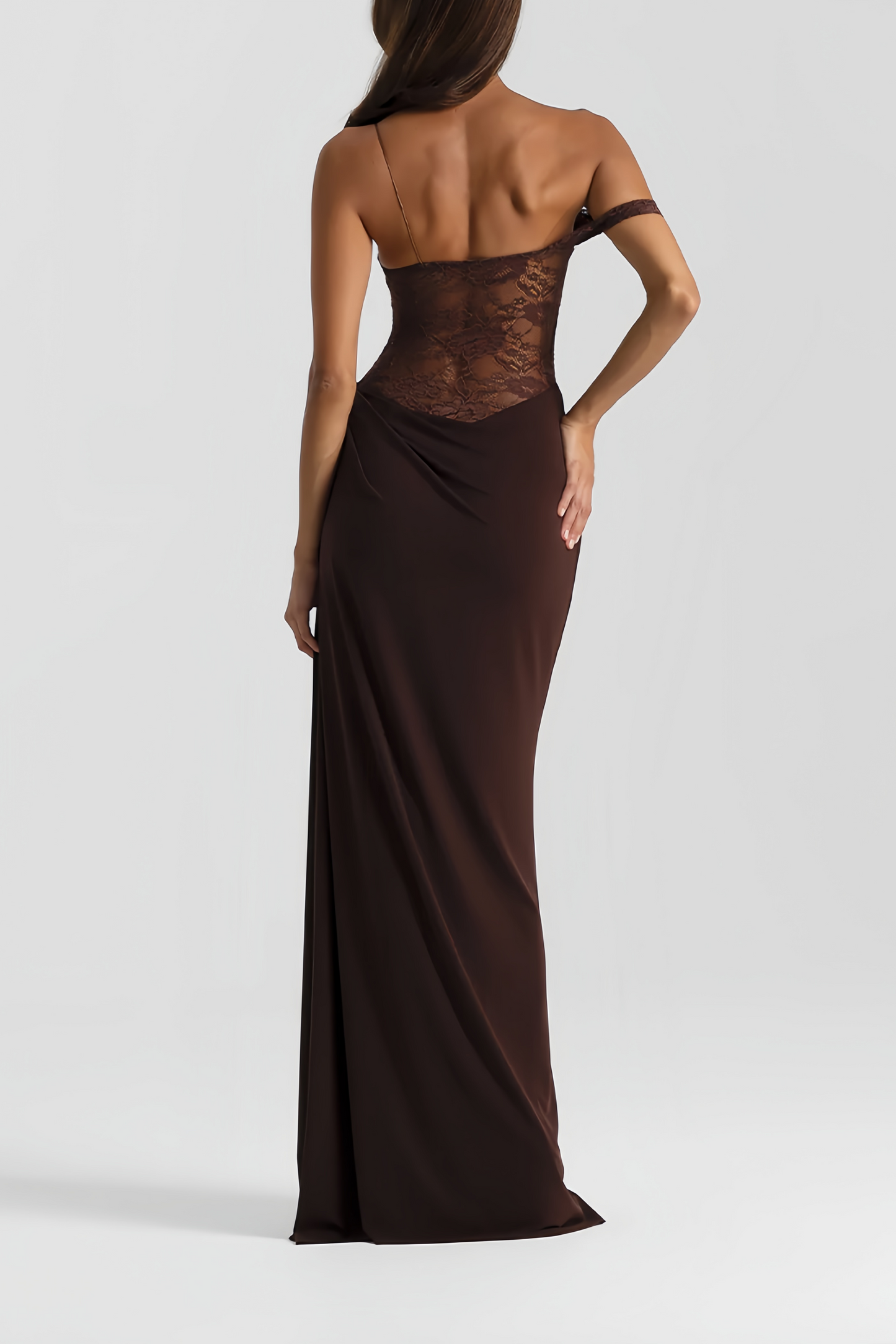 Sunniva Kahve Dantel Panel Asimetrik Maxi Elbise