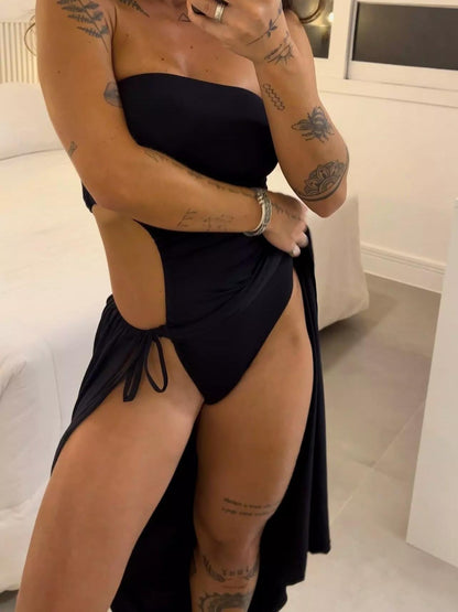 Bandeau Yırtmaçlı Bağlama Detaylı Bodysuit Elbise