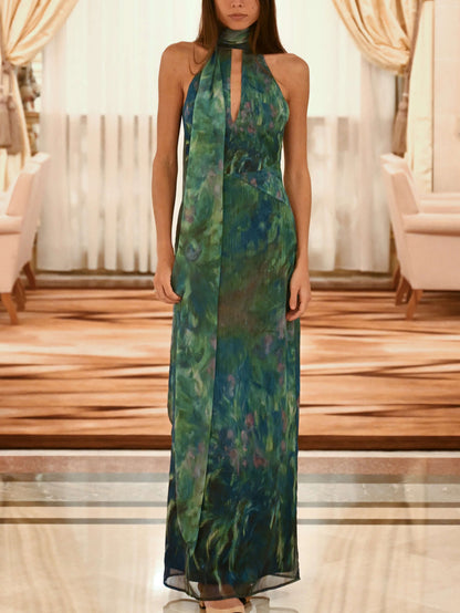 Monet İris Desenli Maxi Elbise