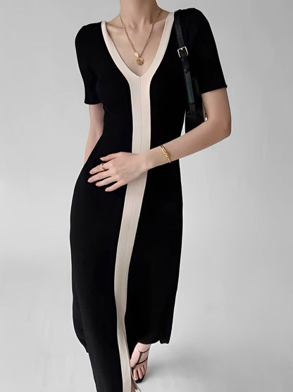 Çift Tonlu V Yaka Triko Midi Elbise