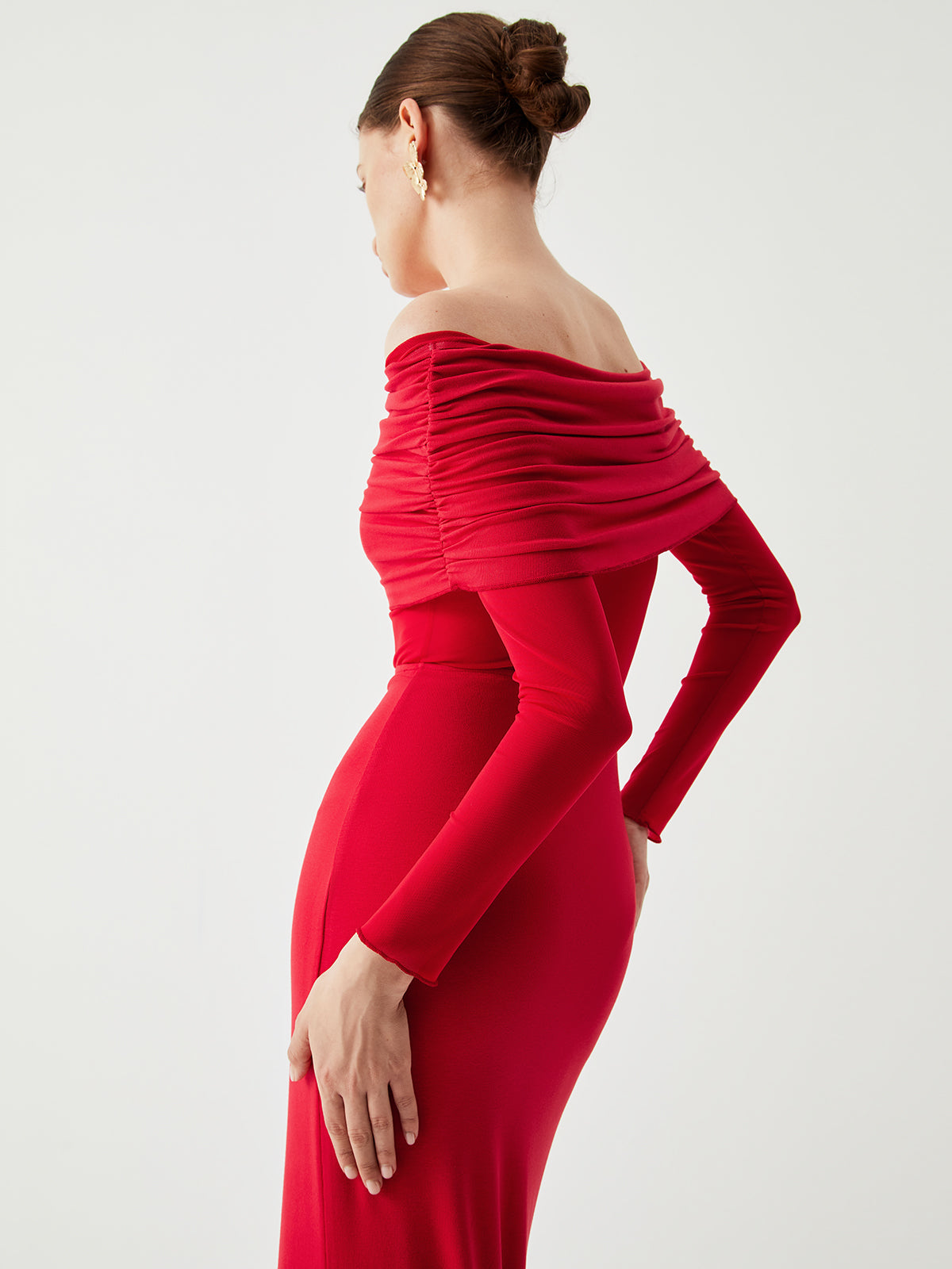 Yarı Transparan Omzu Açık Tül Maxi Elbise