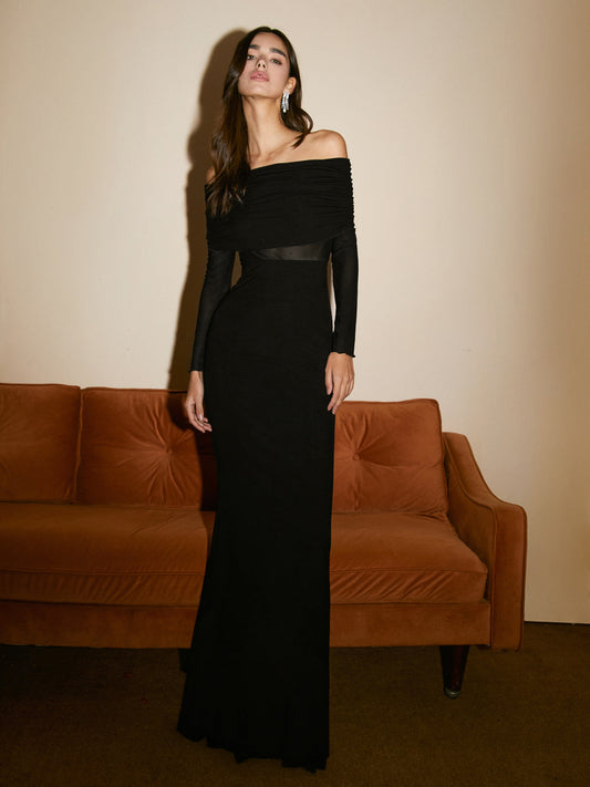 Yarı Transparan Omzu Açık Tül Maxi Elbise