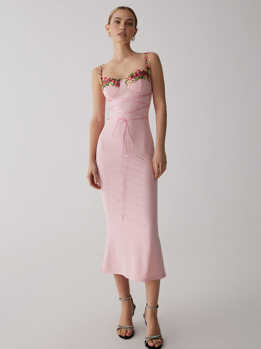 Askılı Çiçek Bağcıklı İnce Bodycon Maxi Elbise