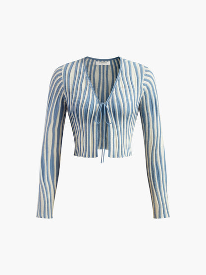 Pinstripe Bağcıklı Örgü Hırka