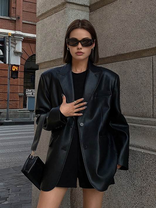 Lapel Detaylı Deri Blazer