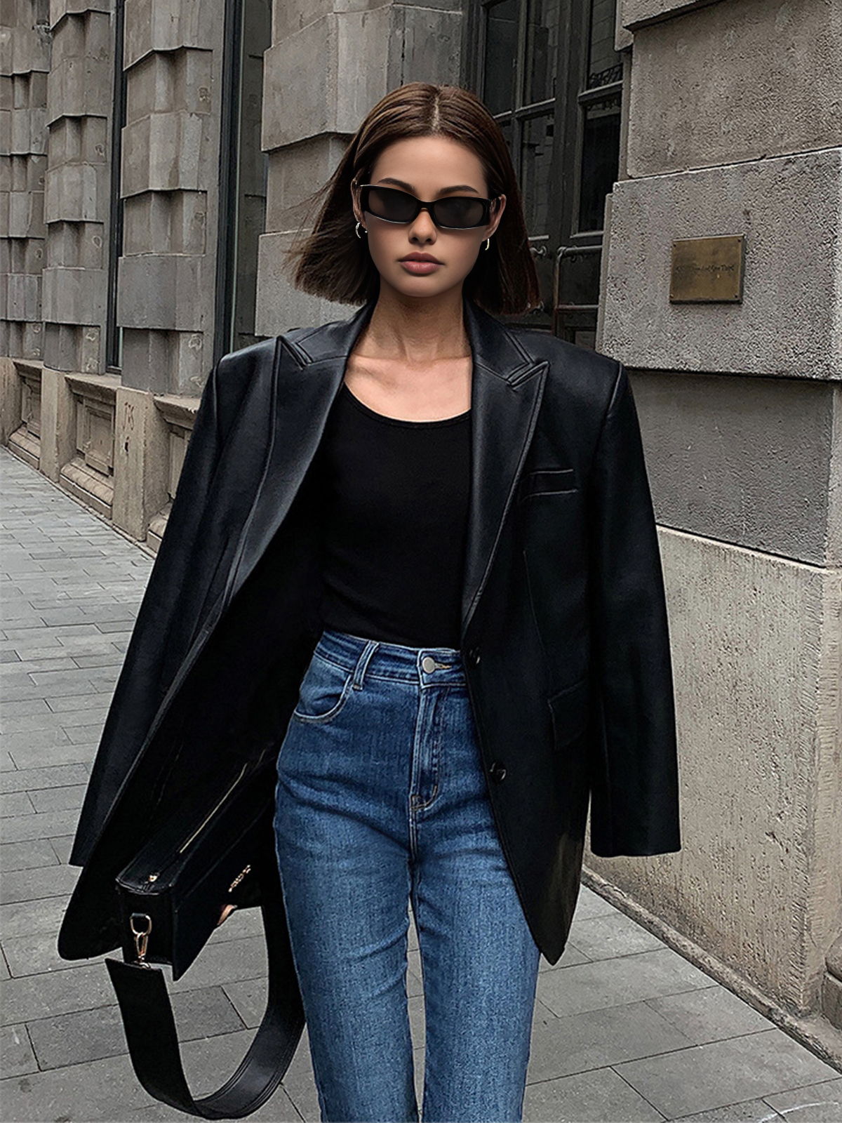 Lapel Detaylı Deri Blazer