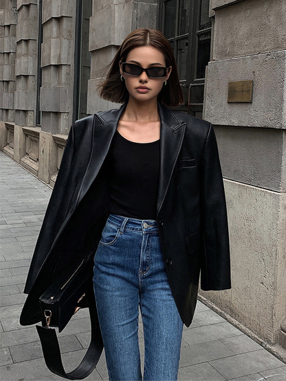 Lapel Detaylı Deri Blazer