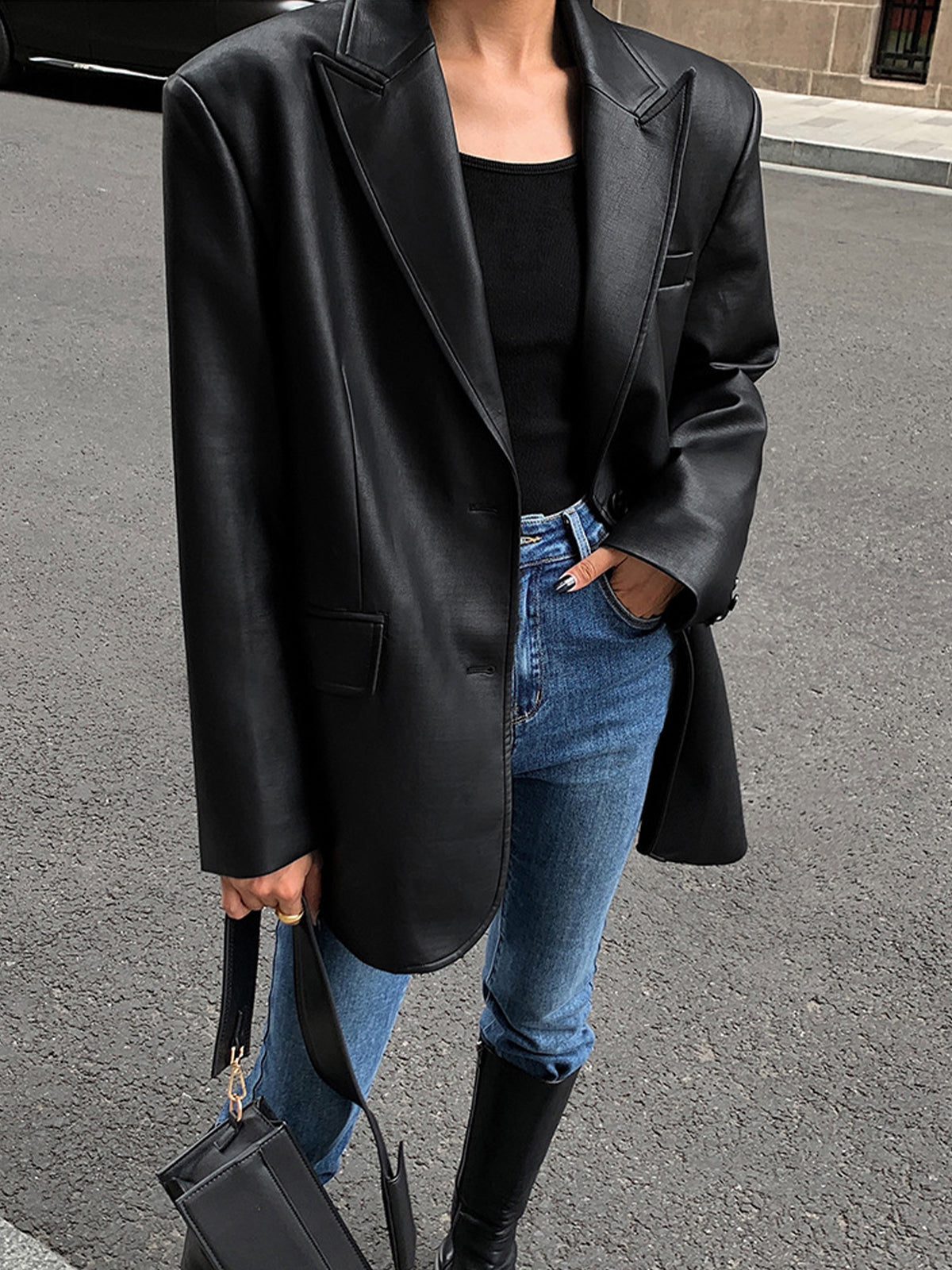 Lapel Detaylı Deri Blazer