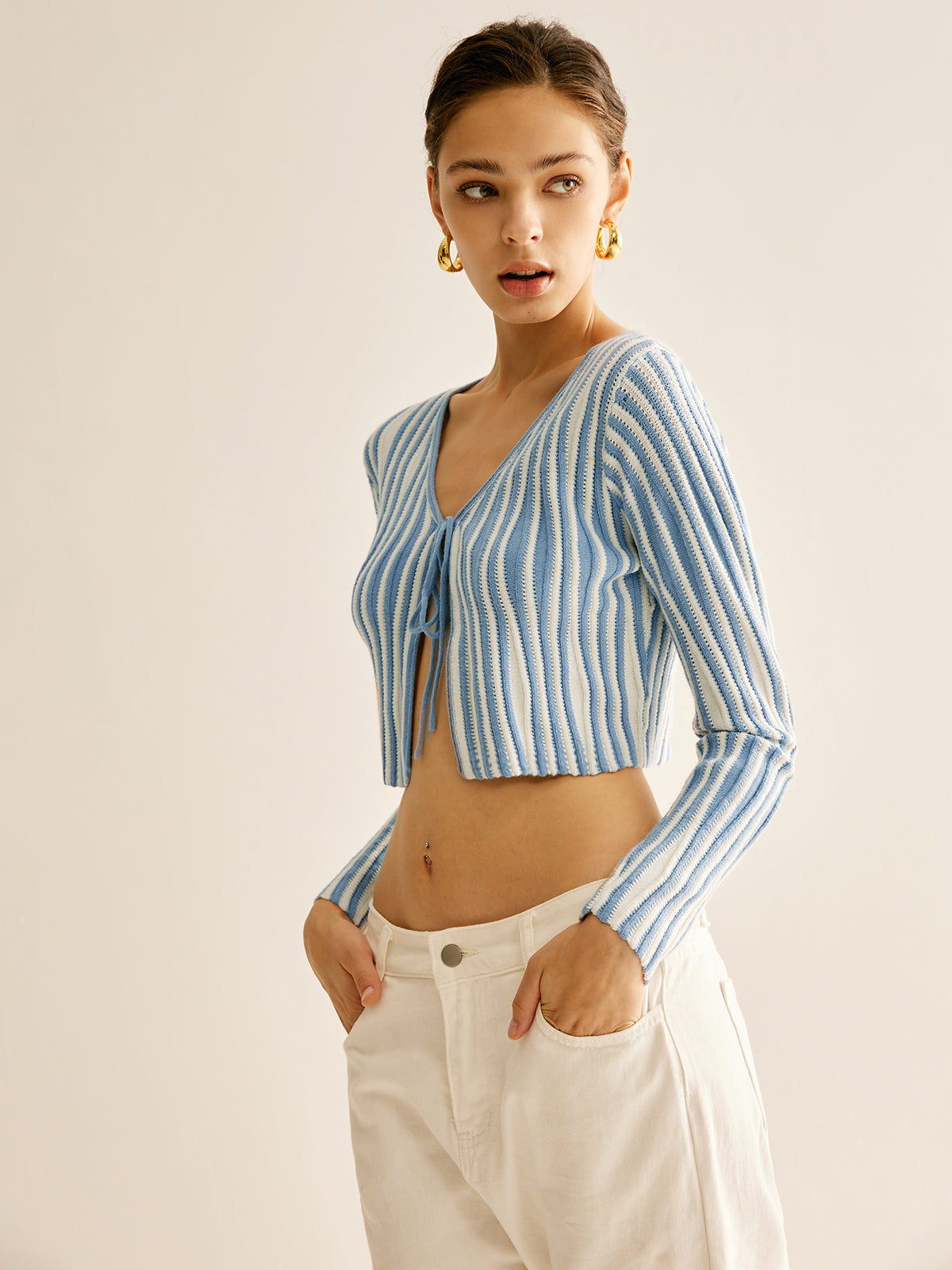 Pinstripe Bağcıklı Örgü Hırka