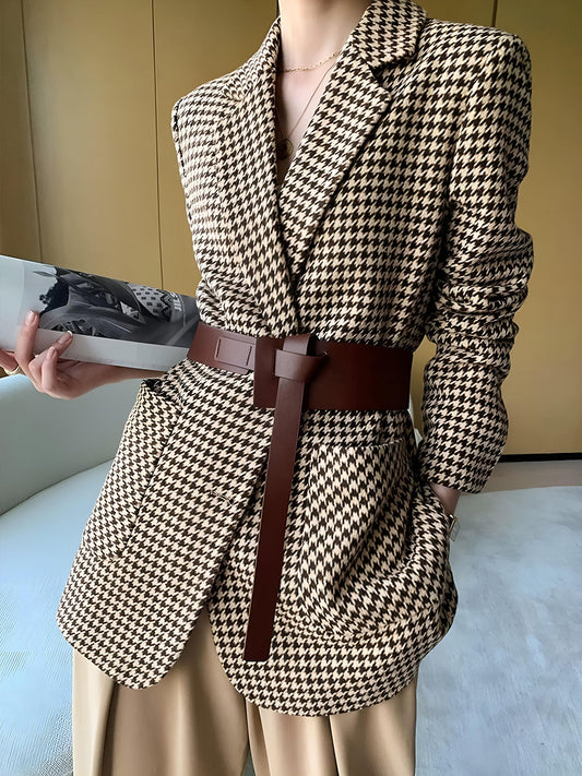 Kemerli Pencere Desenli Yırtmaçlı Blazer Ceket