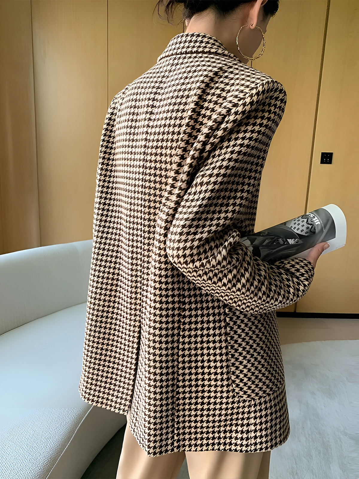 Kemerli Pencere Desenli Yırtmaçlı Blazer Ceket