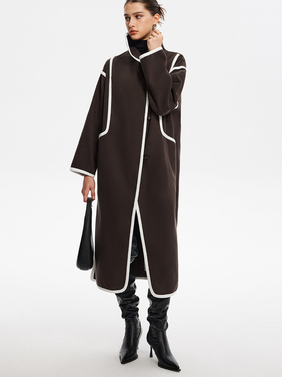 Kontrast Bağlamalı Uzun Palto