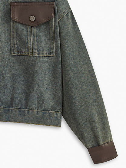 Vintage Kontrast Süslü Yaka Denim Ceket