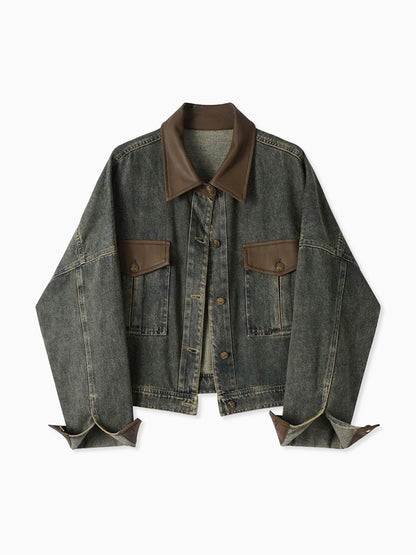 Vintage Kontrast Süslü Yaka Denim Ceket