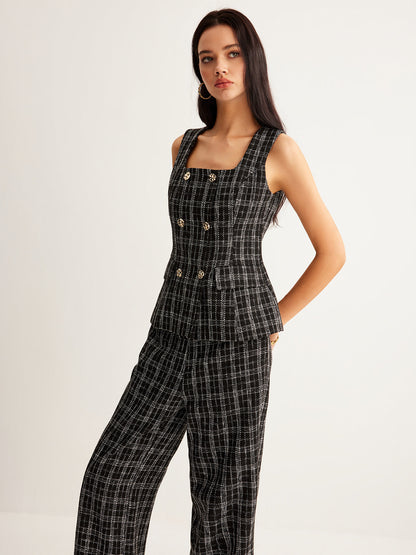 Kareli Tweed Düğmeli Yelek