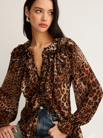 Leopar Desenli Volanlı Bluz
