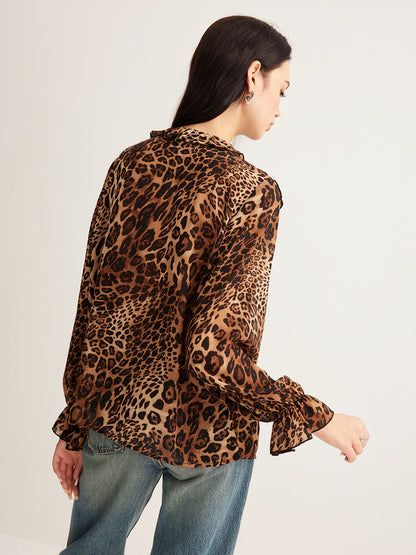 Leopar Desenli Volanlı Bluz